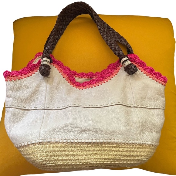 The Sak Sierra Leather Bag Purse Off White Pink Crochet Woven Trim Shopper Stone - Picture 2 of 11